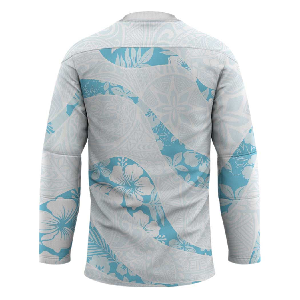 Aloha Hawaii Floral Tapa Hockey Jersey Patchwork Turquoise - Polynesian Pride