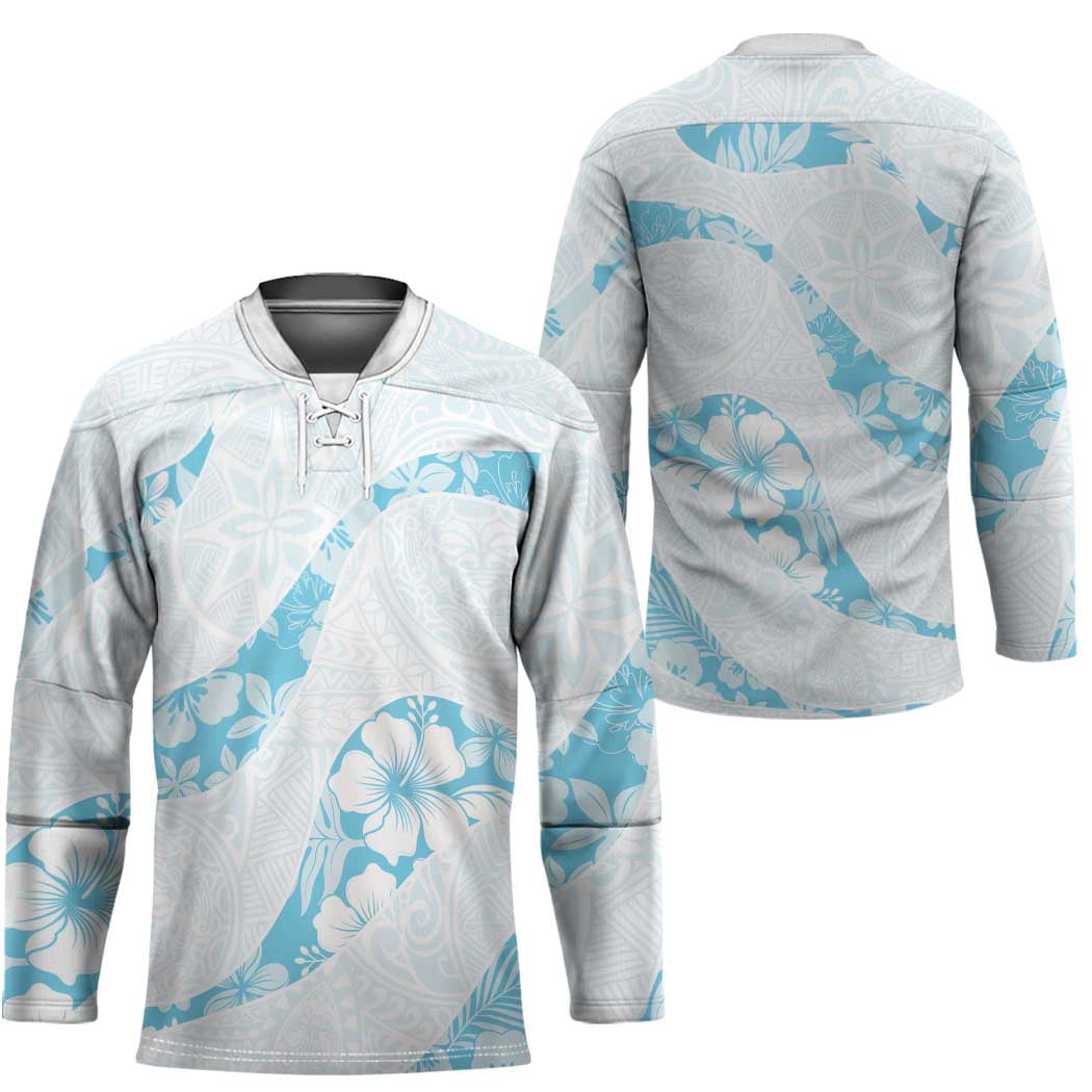 Aloha Hawaii Floral Tapa Hockey Jersey Patchwork Turquoise - Polynesian Pride