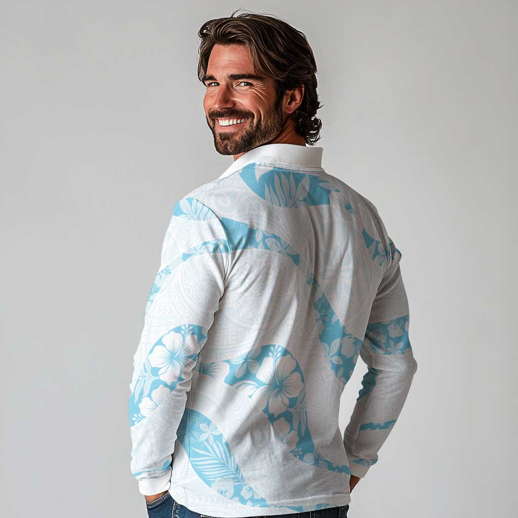 Aloha Hawaii Floral Tapa Long Sleeve Polo Shirt Patchwork Turquoise - Polynesian Pride