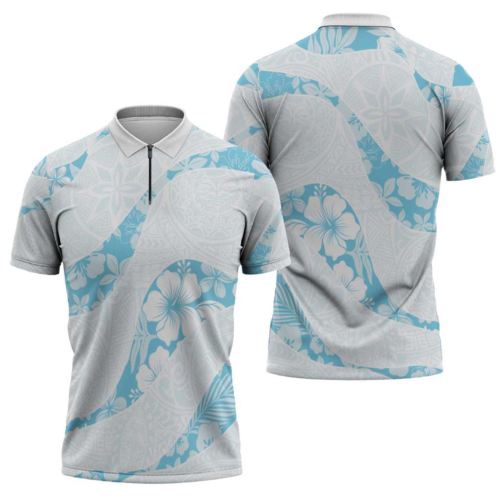 Aloha Hawaii Floral Tapa Zipper Polo Shirt Patchwork Turquoise LT7 - Polynesian Pride