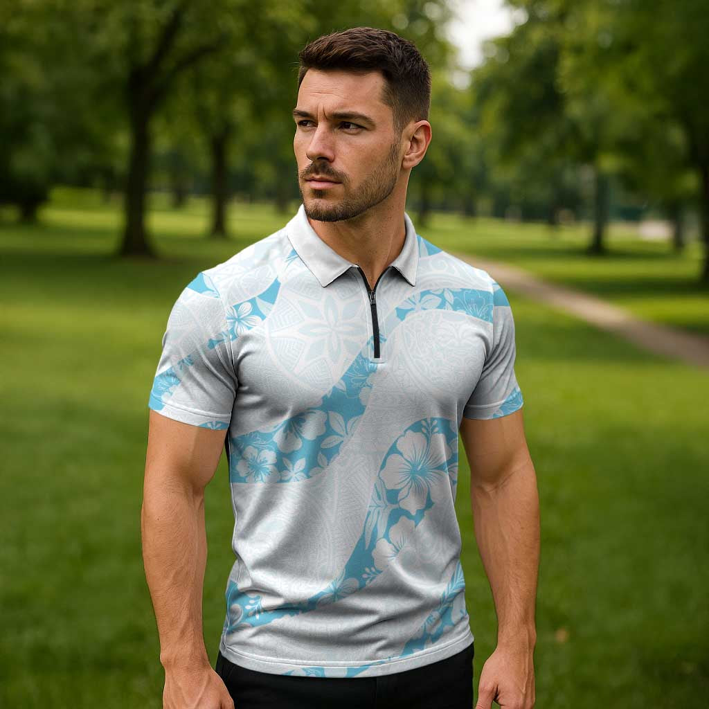 Aloha Hawaii Floral Tapa Zipper Polo Shirt Patchwork Turquoise LT7 - Polynesian Pride