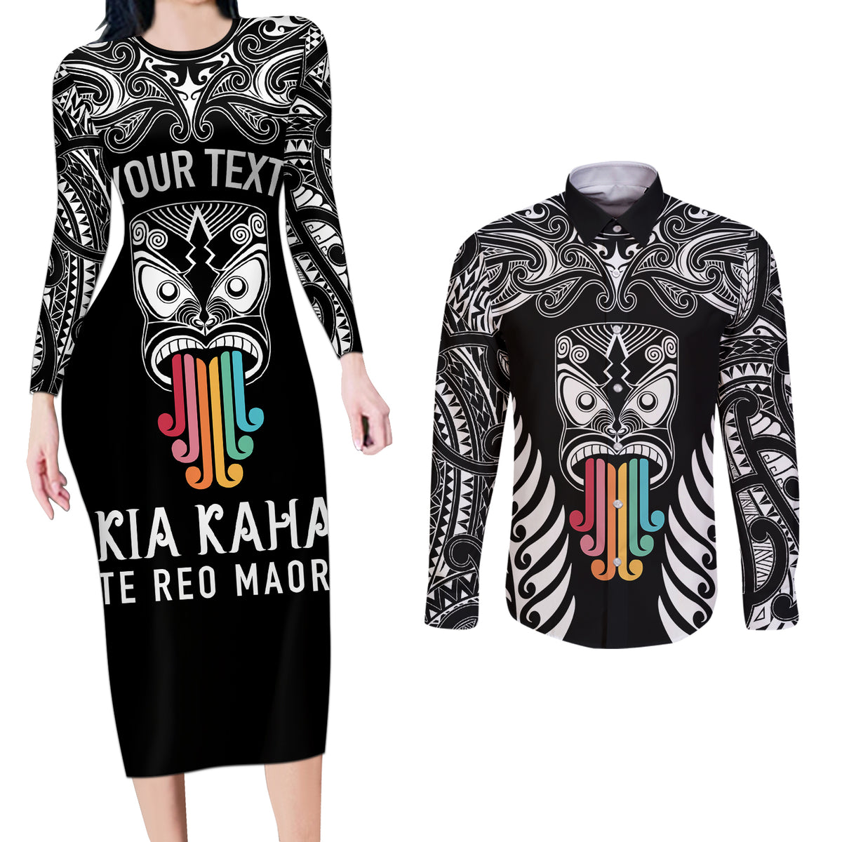 Personalised Kia Kaha Te Reo Maori Couples Matching Long Sleeve Bodycon Dress and Long Sleeve Button Shirts Hei Tiki Mix Koru - Black LT7 Black - Polynesian Pride