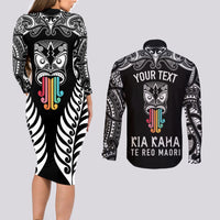 Personalised Kia Kaha Te Reo Maori Couples Matching Long Sleeve Bodycon Dress and Long Sleeve Button Shirts Hei Tiki Mix Koru - Black LT7 - Polynesian Pride