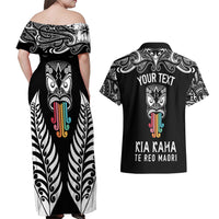 Personalised Kia Kaha Te Reo Maori Couples Matching Off Shoulder Maxi Dress and Hawaiian Shirt Hei Tiki Mix Koru - Black LT7 - Polynesian Pride