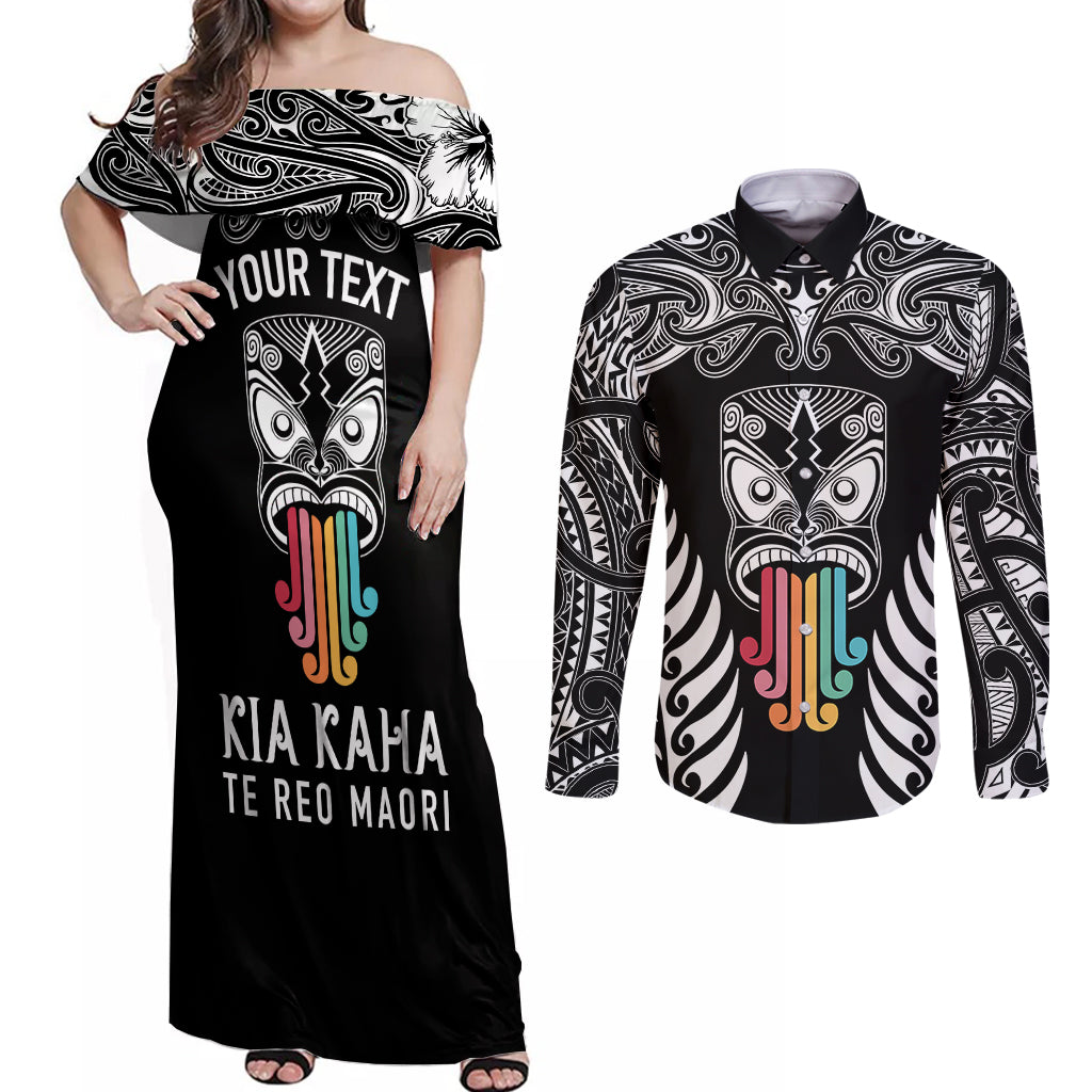 personalised-kia-kaha-te-reo-maori-couples-matching-off-shoulder-maxi-dress-and-long-sleeve-button-shirts-hei-tiki-mix-koru-black