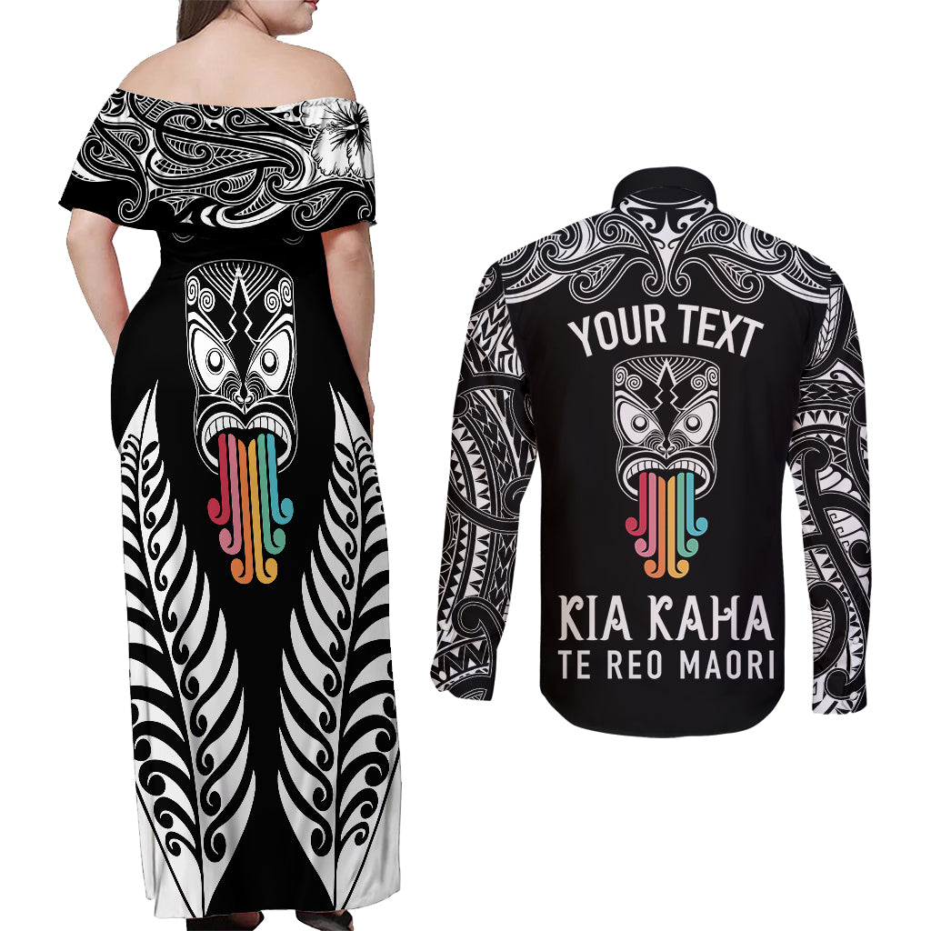 Personalised Kia Kaha Te Reo Maori Couples Matching Off Shoulder Maxi Dress and Long Sleeve Button Shirts Hei Tiki Mix Koru - Black LT7 - Polynesian Pride