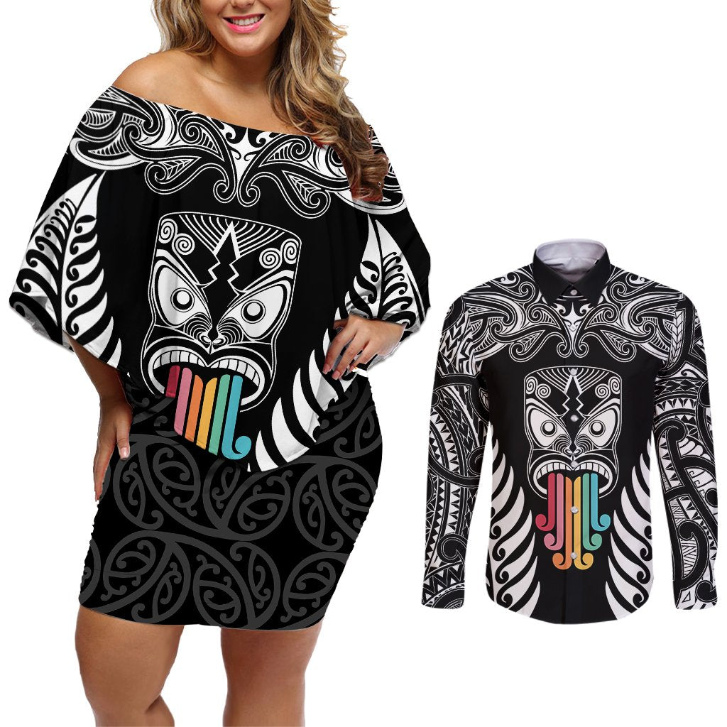 Personalised Kia Kaha Te Reo Maori Couples Matching Off Shoulder Short Dress and Long Sleeve Button Shirts Hei Tiki Mix Koru - Black LT7 Black - Polynesian Pride