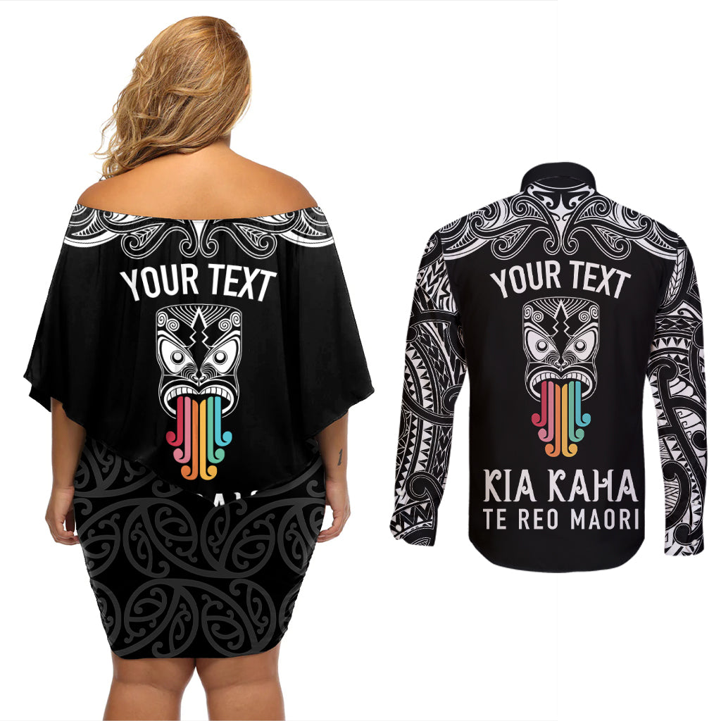 Personalised Kia Kaha Te Reo Maori Couples Matching Off Shoulder Short Dress and Long Sleeve Button Shirts Hei Tiki Mix Koru - Black LT7 - Polynesian Pride