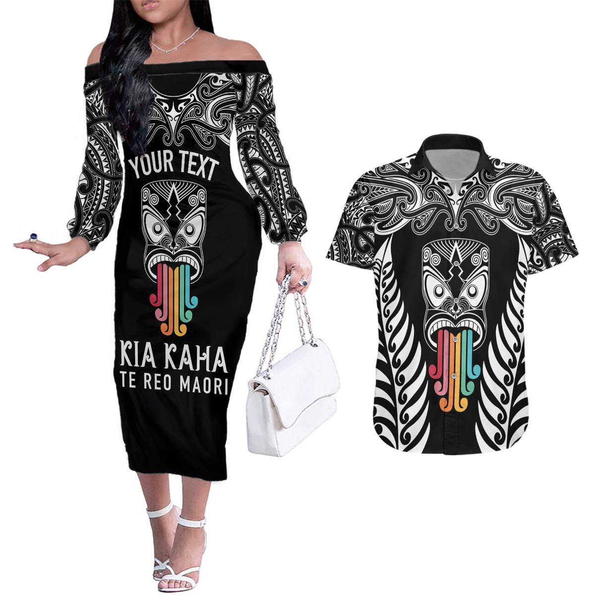 Personalised Kia Kaha Te Reo Maori Couples Matching Off The Shoulder Long Sleeve Dress and Hawaiian Shirt Hei Tiki Mix Koru - Black LT7 Black - Polynesian Pride