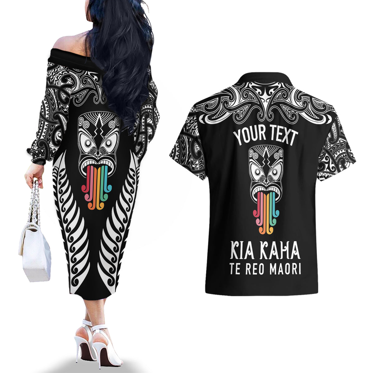 Personalised Kia Kaha Te Reo Maori Couples Matching Off The Shoulder Long Sleeve Dress and Hawaiian Shirt Hei Tiki Mix Koru - Black LT7 - Polynesian Pride