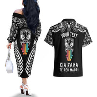 Personalised Kia Kaha Te Reo Maori Couples Matching Off The Shoulder Long Sleeve Dress and Hawaiian Shirt Hei Tiki Mix Koru - Black LT7 - Polynesian Pride