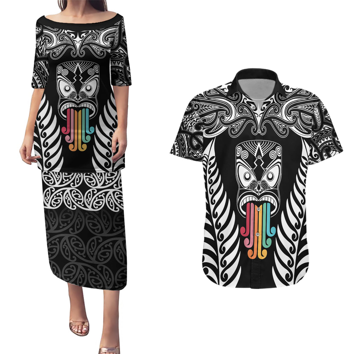 Personalised Kia Kaha Te Reo Maori Couples Matching Puletasi Dress and Hawaiian Shirt Hei Tiki Mix Koru - Black LT7 Black - Polynesian Pride
