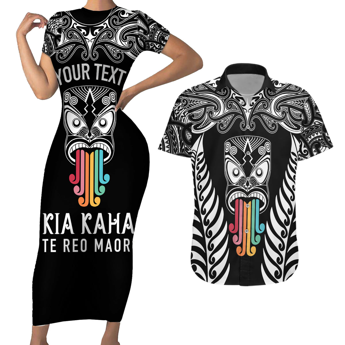 Personalised Kia Kaha Te Reo Maori Couples Matching Short Sleeve Bodycon Dress and Hawaiian Shirt Hei Tiki Mix Koru - Black LT7 Black - Polynesian Pride