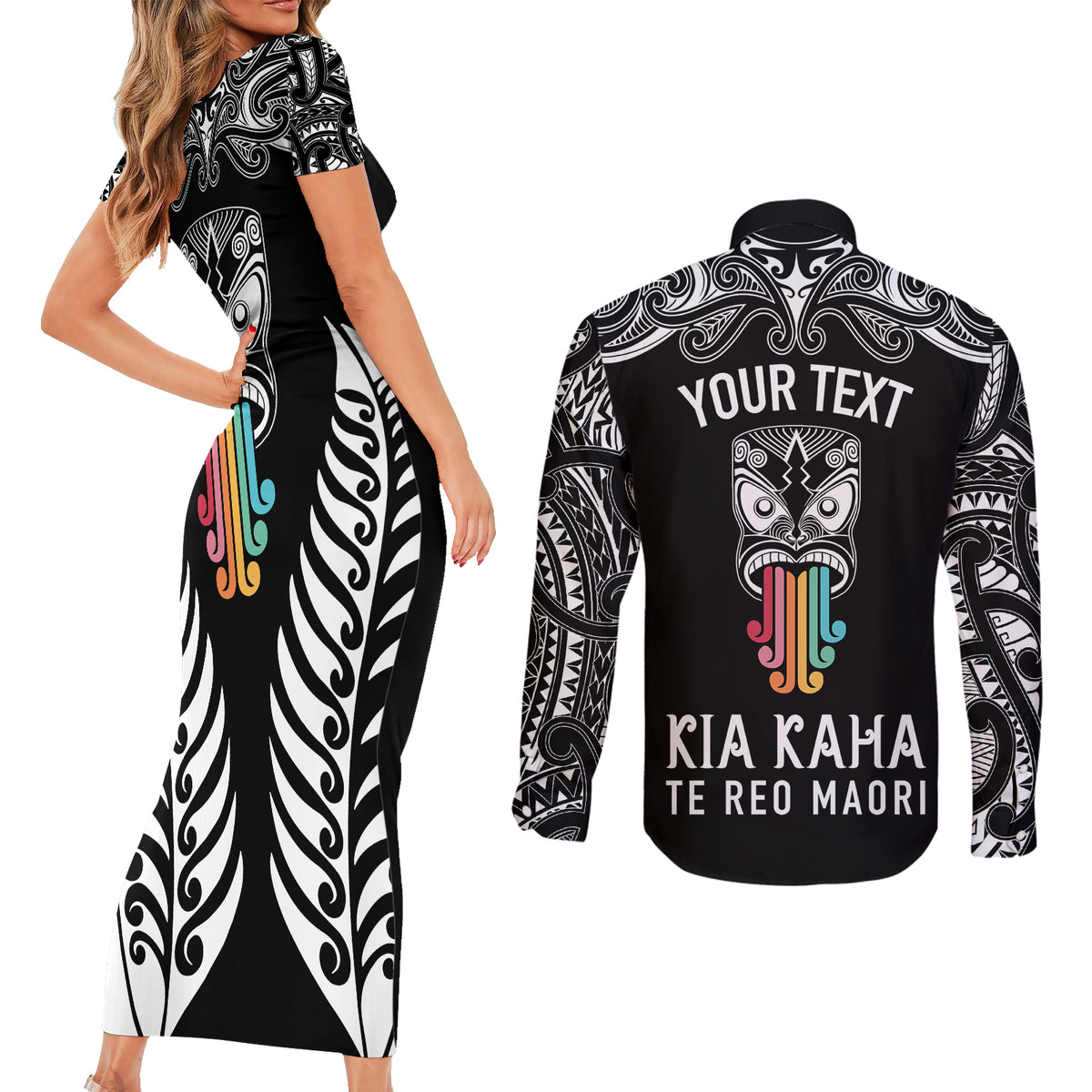 Personalised Kia Kaha Te Reo Maori Couples Matching Short Sleeve Bodycon Dress and Long Sleeve Button Shirts Hei Tiki Mix Koru - Black LT7 - Polynesian Pride