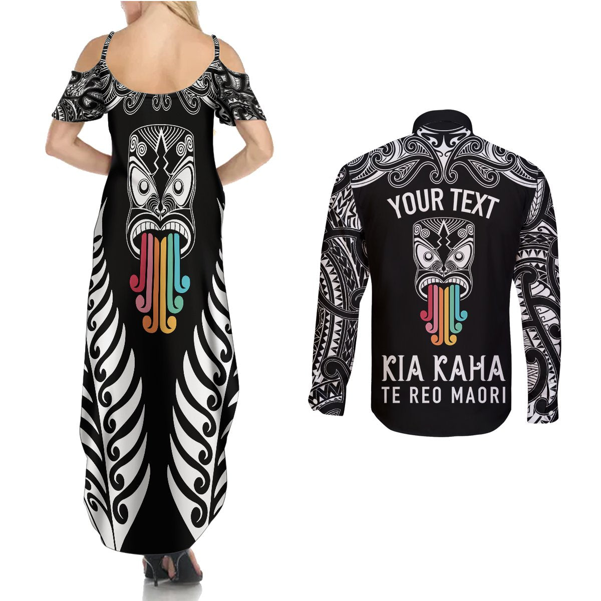 Personalised Kia Kaha Te Reo Maori Couples Matching Summer Maxi Dress and Long Sleeve Button Shirts Hei Tiki Mix Koru - Black LT7 - Polynesian Pride