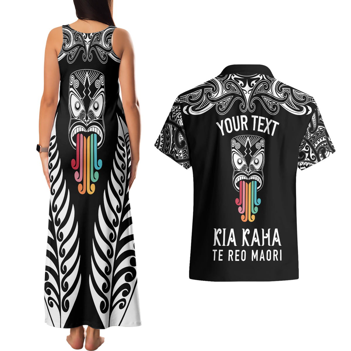 Personalised Kia Kaha Te Reo Maori Couples Matching Tank Maxi Dress and Hawaiian Shirt Hei Tiki Mix Koru - Black LT7 - Polynesian Pride