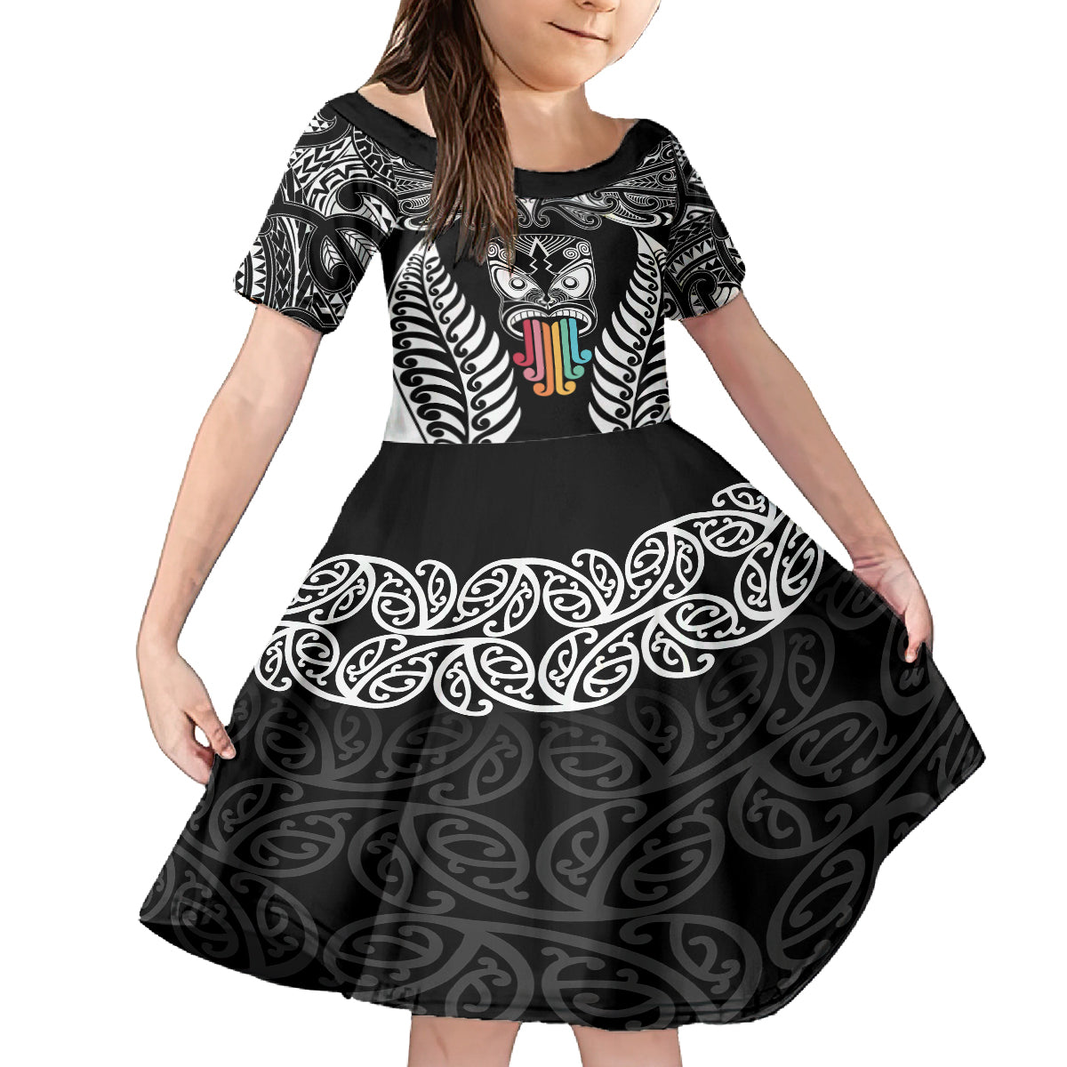 Personalised Kia Kaha Te Reo Maori Family Matching Long Sleeve Bodycon Dress and Hawaiian Shirt Hei Tiki Mix Koru - Black LT7 Daughter's Dress Black - Polynesian Pride