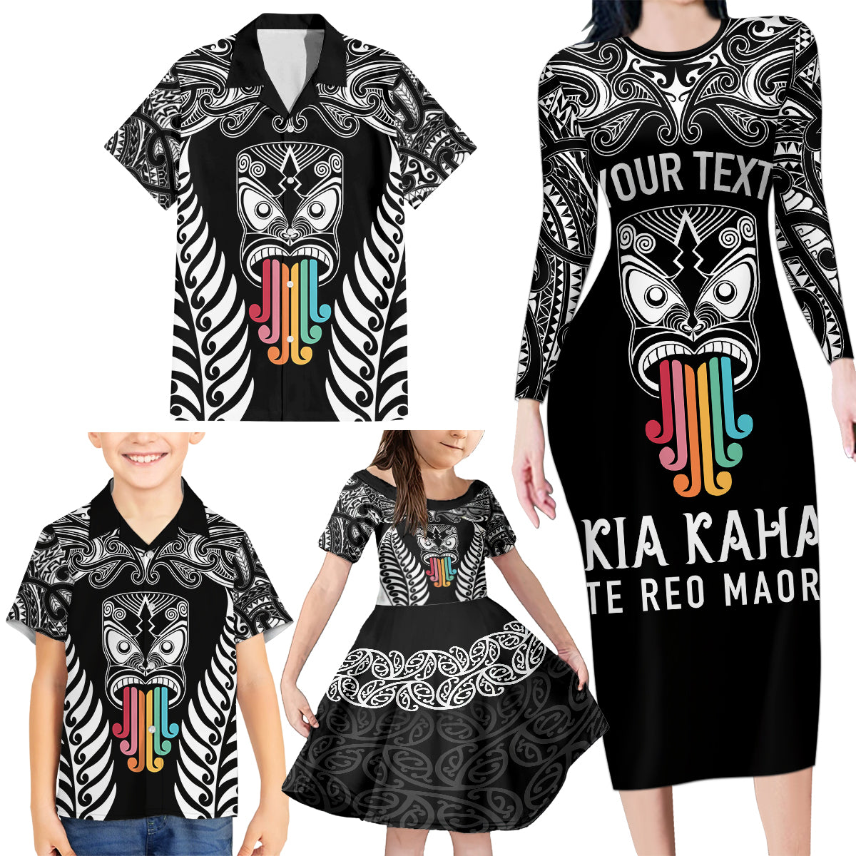 Personalised Kia Kaha Te Reo Maori Family Matching Long Sleeve Bodycon Dress and Hawaiian Shirt Hei Tiki Mix Koru - Black LT7 - Polynesian Pride