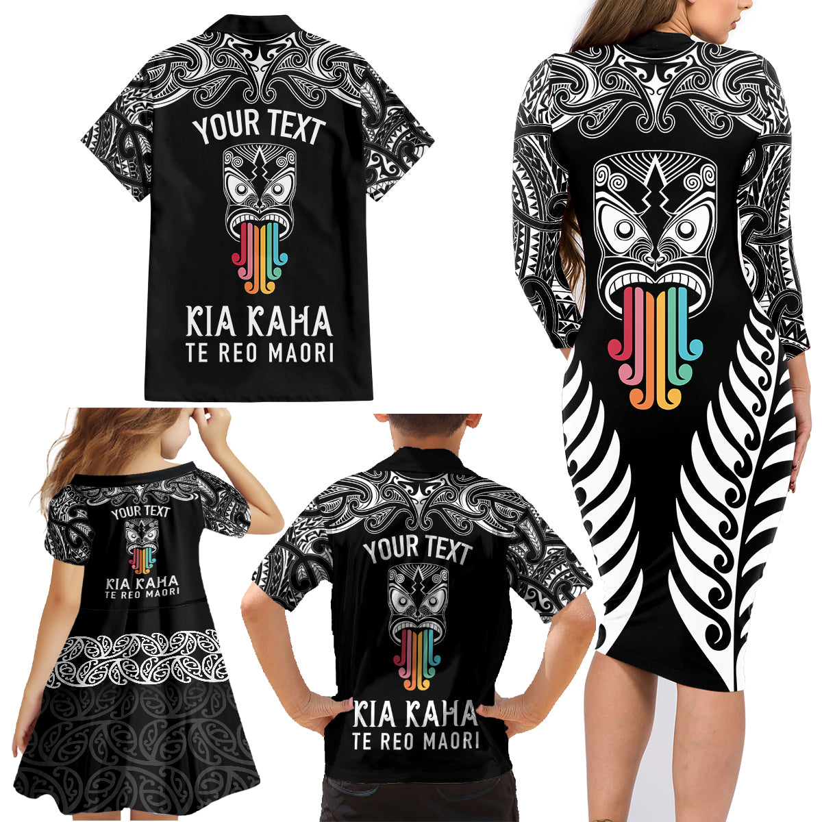 Personalised Kia Kaha Te Reo Maori Family Matching Long Sleeve Bodycon Dress and Hawaiian Shirt Hei Tiki Mix Koru - Black LT7 - Polynesian Pride