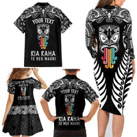 Personalised Kia Kaha Te Reo Maori Family Matching Long Sleeve Bodycon Dress and Hawaiian Shirt Hei Tiki Mix Koru - Black LT7 - Polynesian Pride