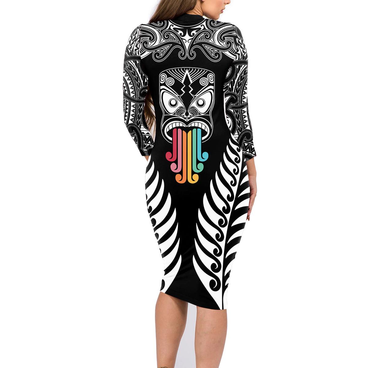 Personalised Kia Kaha Te Reo Maori Family Matching Long Sleeve Bodycon Dress and Hawaiian Shirt Hei Tiki Mix Koru - Black LT7 - Polynesian Pride