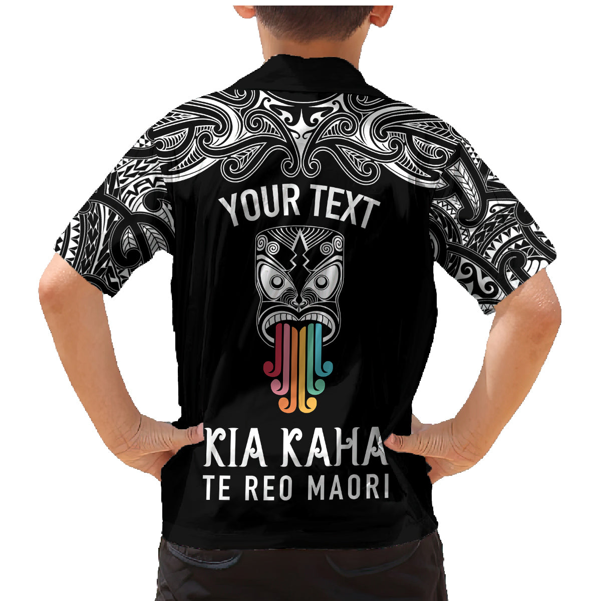 Personalised Kia Kaha Te Reo Maori Family Matching Mermaid Dress and Hawaiian Shirt Hei Tiki Mix Koru - Black LT7 - Polynesian Pride