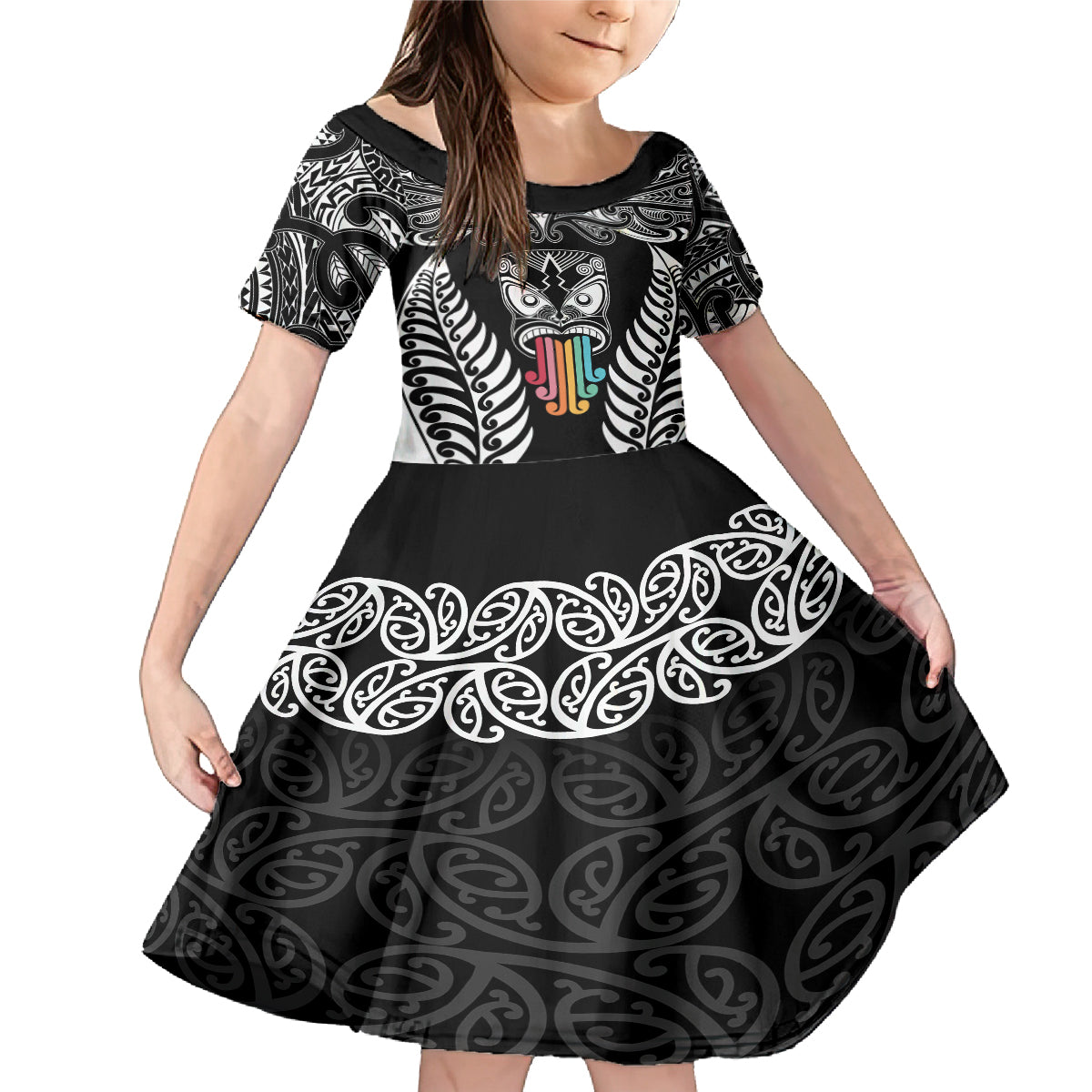Personalised Kia Kaha Te Reo Maori Family Matching Mermaid Dress and Hawaiian Shirt Hei Tiki Mix Koru - Black LT7 Daughter's Dress Black - Polynesian Pride