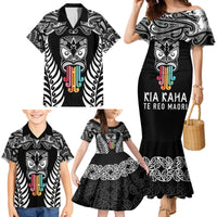 Personalised Kia Kaha Te Reo Maori Family Matching Mermaid Dress and Hawaiian Shirt Hei Tiki Mix Koru - Black LT7 - Polynesian Pride
