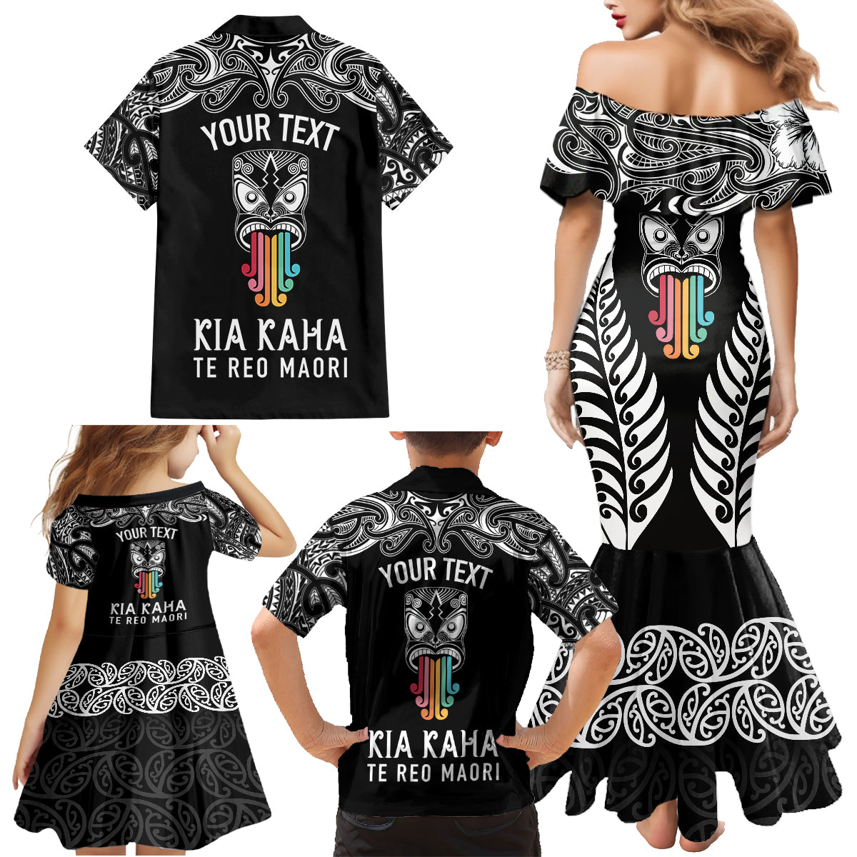 Personalised Kia Kaha Te Reo Maori Family Matching Mermaid Dress and Hawaiian Shirt Hei Tiki Mix Koru - Black LT7 - Polynesian Pride