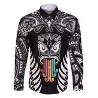 Personalised Kia Kaha Te Reo Maori Family Matching Mermaid Dress and Hawaiian Shirt Hei Tiki Mix Koru - Black LT7 Dad's Shirt - Long Sleeve Black - Polynesian Pride