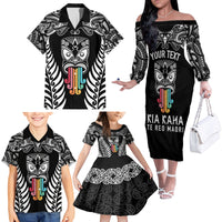 Personalised Kia Kaha Te Reo Maori Family Matching Off Shoulder Long Sleeve Dress and Hawaiian Shirt Hei Tiki Mix Koru - Black LT7 - Polynesian Pride