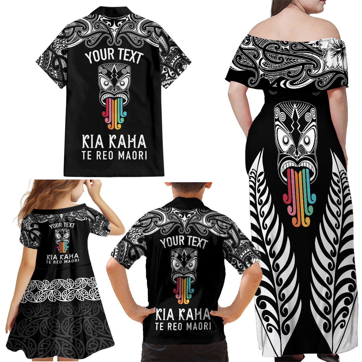 Personalised Kia Kaha Te Reo Maori Family Matching Off Shoulder Long Sleeve Dress and Hawaiian Shirt Hei Tiki Mix Koru - Black LT7 - Polynesian Pride