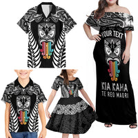 Personalised Kia Kaha Te Reo Maori Family Matching Off Shoulder Maxi Dress and Hawaiian Shirt Hei Tiki Mix Koru - Black LT7 - Polynesian Pride