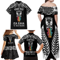 Personalised Kia Kaha Te Reo Maori Family Matching Off Shoulder Maxi Dress and Hawaiian Shirt Hei Tiki Mix Koru - Black LT7 - Polynesian Pride