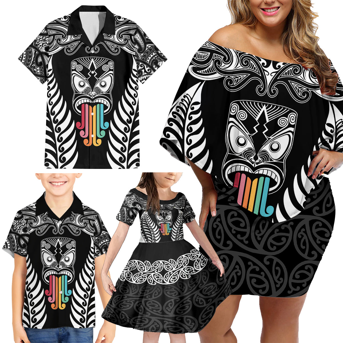 Personalised Kia Kaha Te Reo Maori Family Matching Off Shoulder Short Dress and Hawaiian Shirt Hei Tiki Mix Koru - Black LT7 - Polynesian Pride