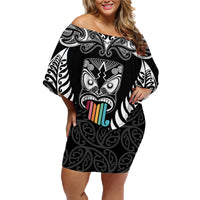Personalised Kia Kaha Te Reo Maori Family Matching Off Shoulder Short Dress and Hawaiian Shirt Hei Tiki Mix Koru - Black LT7 Mom's Dress Black - Polynesian Pride