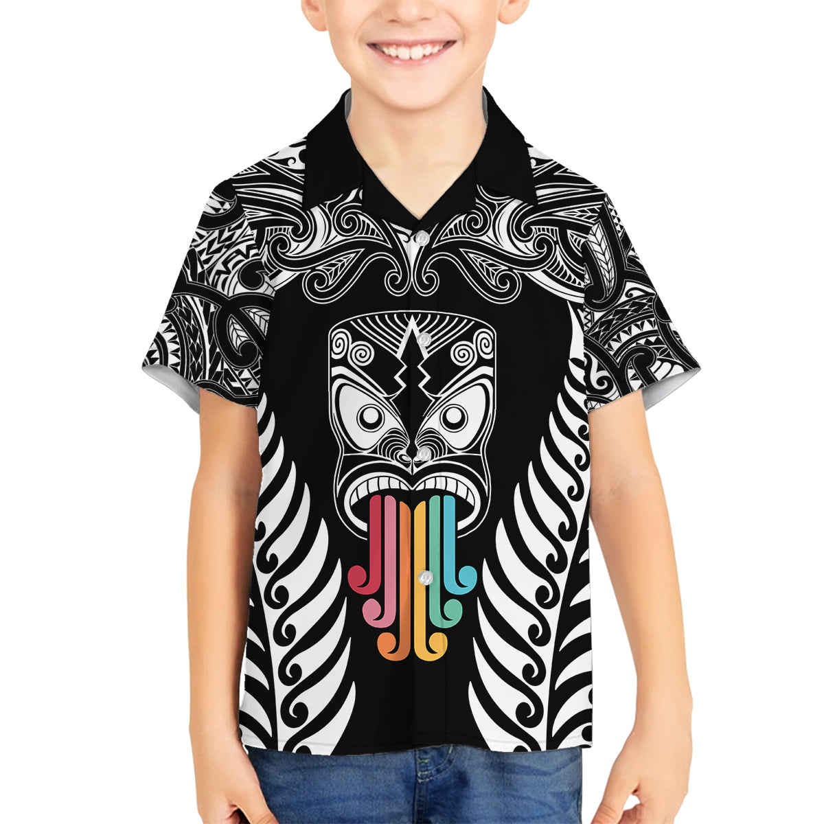 Personalised Kia Kaha Te Reo Maori Family Matching Off Shoulder Short Dress and Hawaiian Shirt Hei Tiki Mix Koru - Black LT7 Son's Shirt Black - Polynesian Pride
