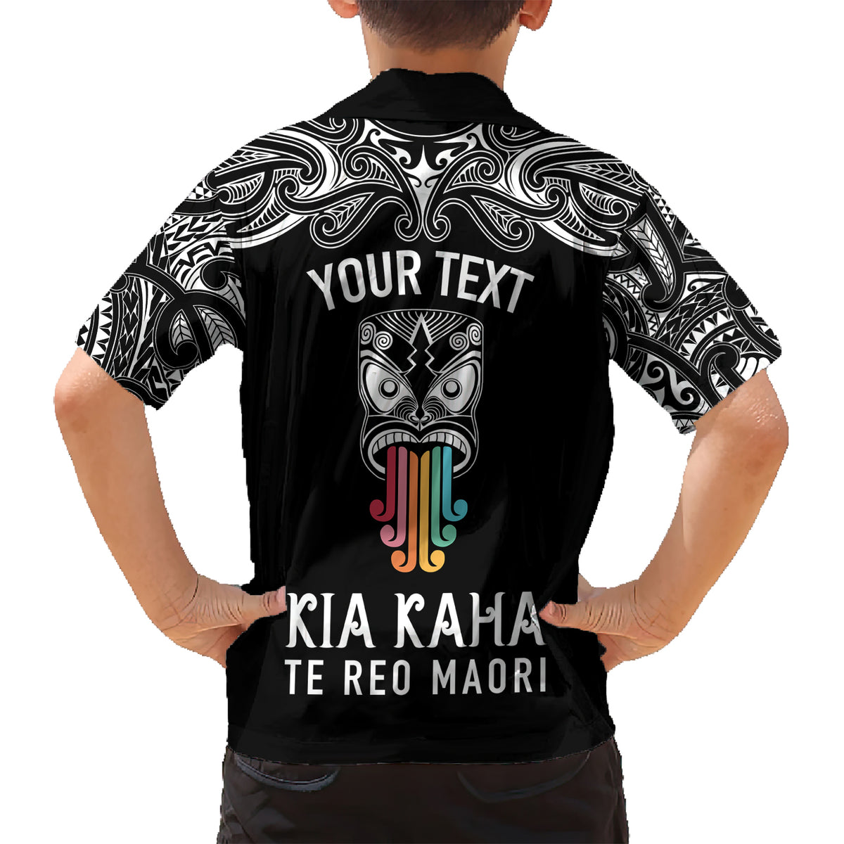 Personalised Kia Kaha Te Reo Maori Family Matching Short Sleeve Bodycon Dress and Hawaiian Shirt Hei Tiki Mix Koru - Black LT7 - Polynesian Pride