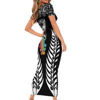 Personalised Kia Kaha Te Reo Maori Family Matching Short Sleeve Bodycon Dress and Hawaiian Shirt Hei Tiki Mix Koru - Black LT7 - Polynesian Pride