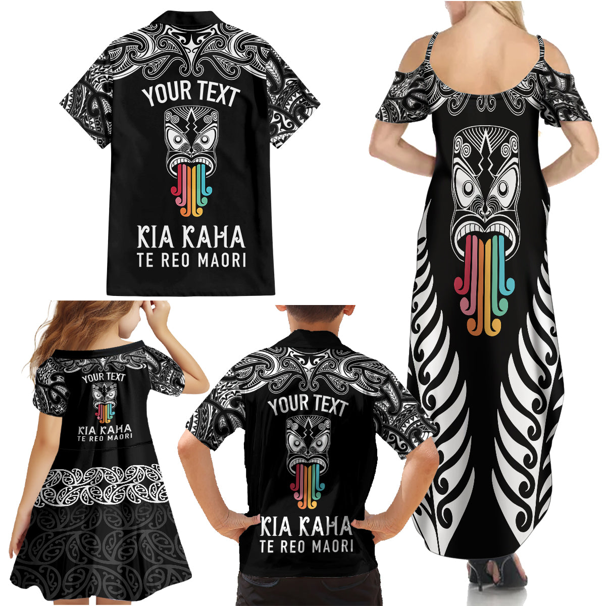 Personalised Kia Kaha Te Reo Maori Family Matching Summer Maxi Dress and Hawaiian Shirt Hei Tiki Mix Koru - Black LT7 - Polynesian Pride