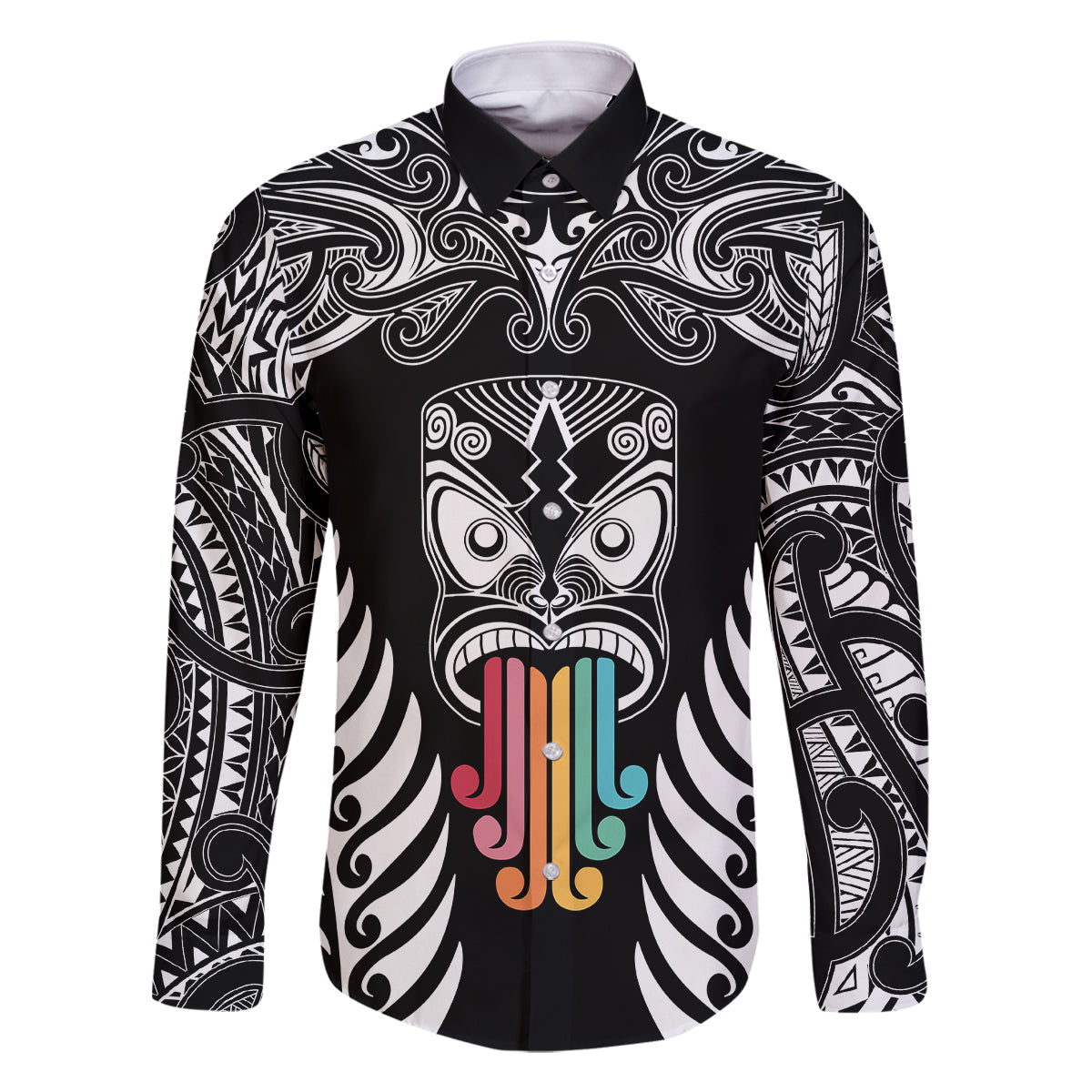 Personalised Kia Kaha Te Reo Maori Family Matching Tank Maxi Dress and Hawaiian Shirt Hei Tiki Mix Koru - Black LT7 Dad's Shirt - Long Sleeve Black - Polynesian Pride