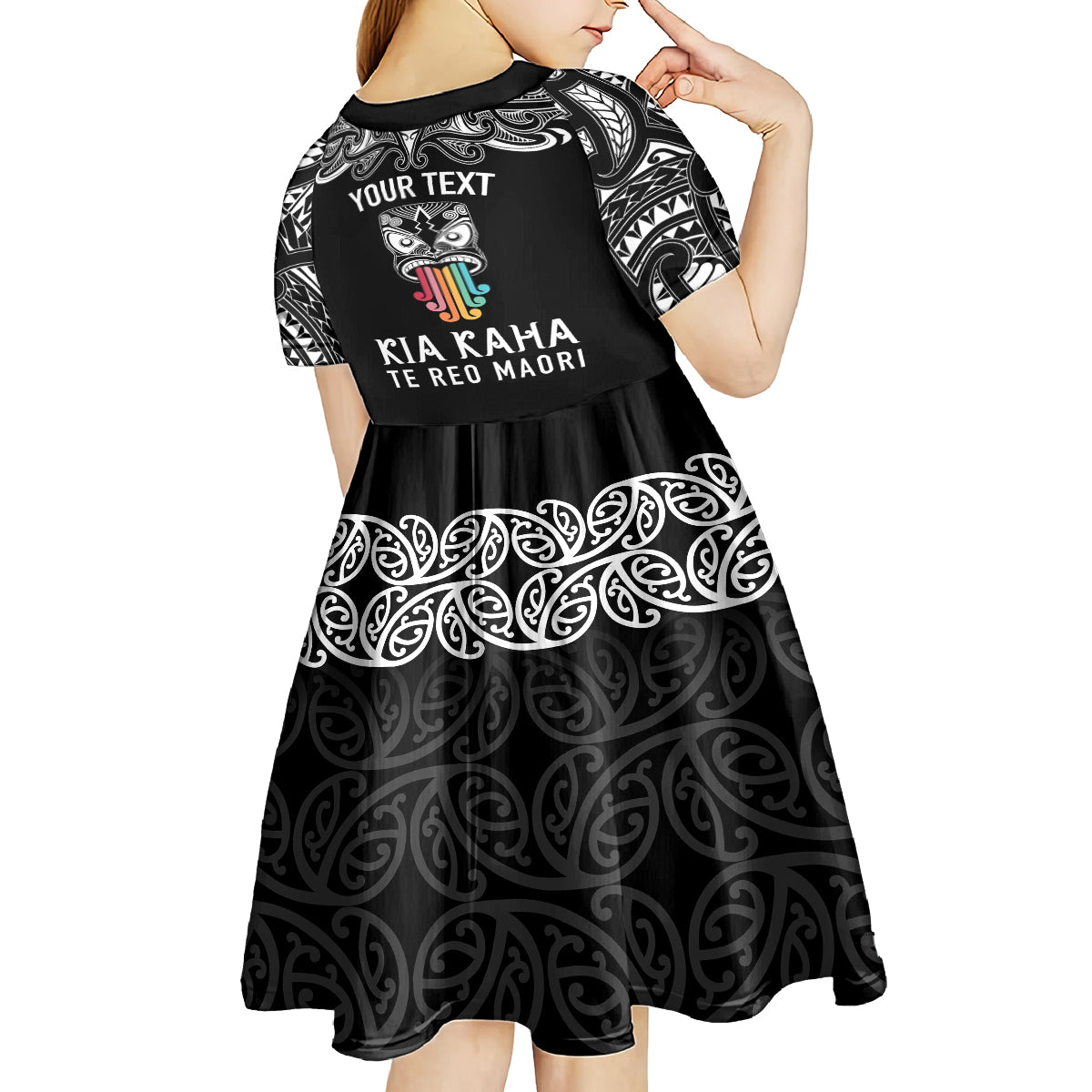Personalised Kia Kaha Te Reo Maori Kid Short Sleeve Dress Hei Tiki Mix Koru - Black LT7 - Polynesian Pride