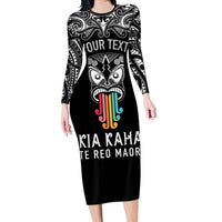 Personalised Kia Kaha Te Reo Maori Long Sleeve Bodycon Dress Hei Tiki Mix Koru - Black LT7 Long Dress Black - Polynesian Pride