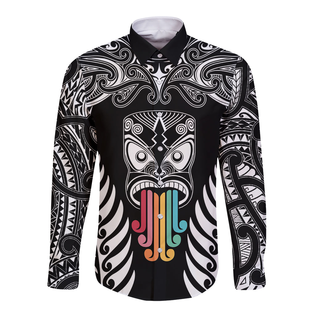 personalised-kia-kaha-te-reo-maori-long-sleeve-button-shirt-hei-tiki-mix-koru-black