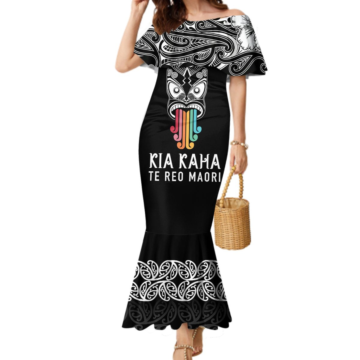 Personalised Kia Kaha Te Reo Maori Mermaid Dress Hei Tiki Mix Koru - Black LT7 Women Black - Polynesian Pride