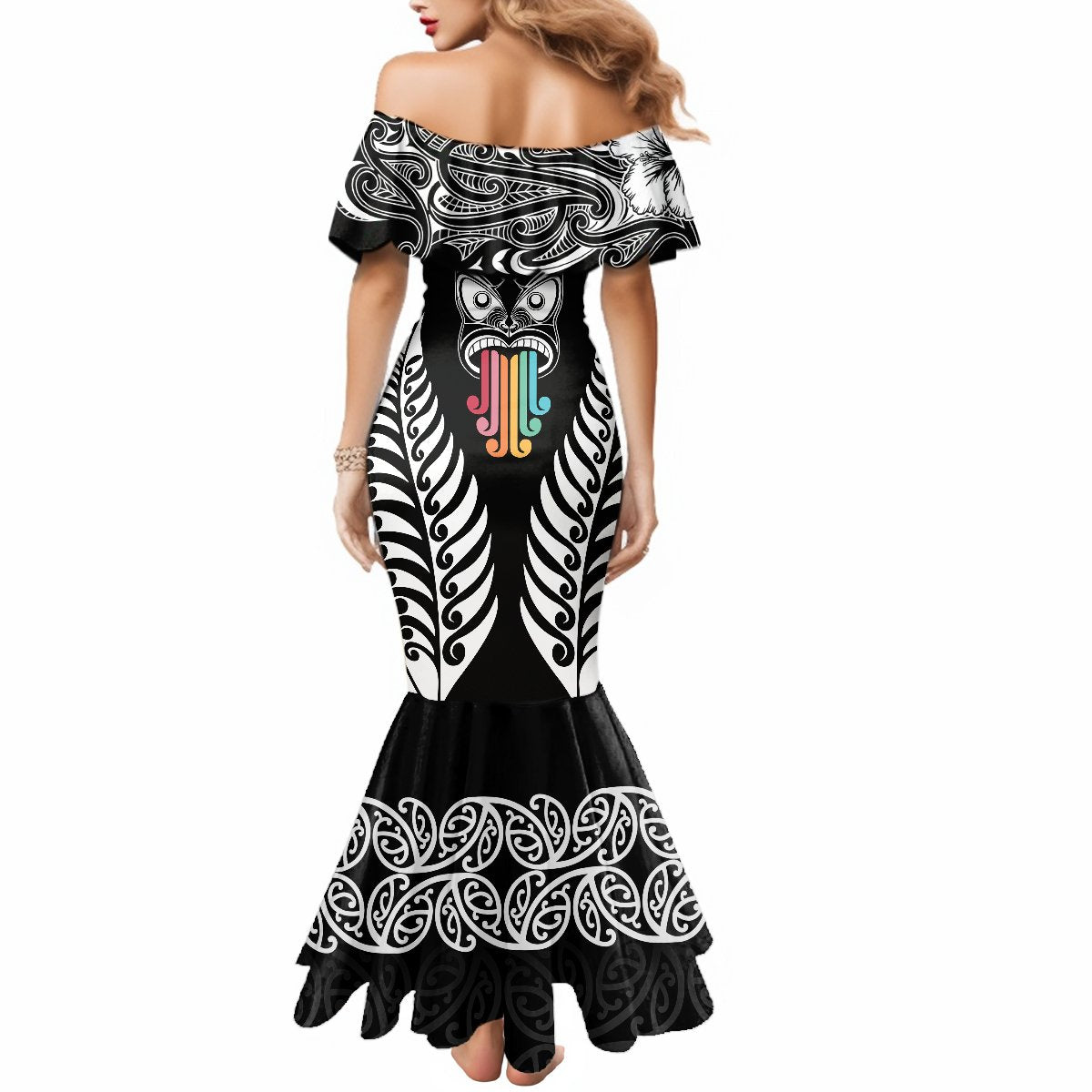 Personalised Kia Kaha Te Reo Maori Mermaid Dress Hei Tiki Mix Koru - Black LT7 - Polynesian Pride