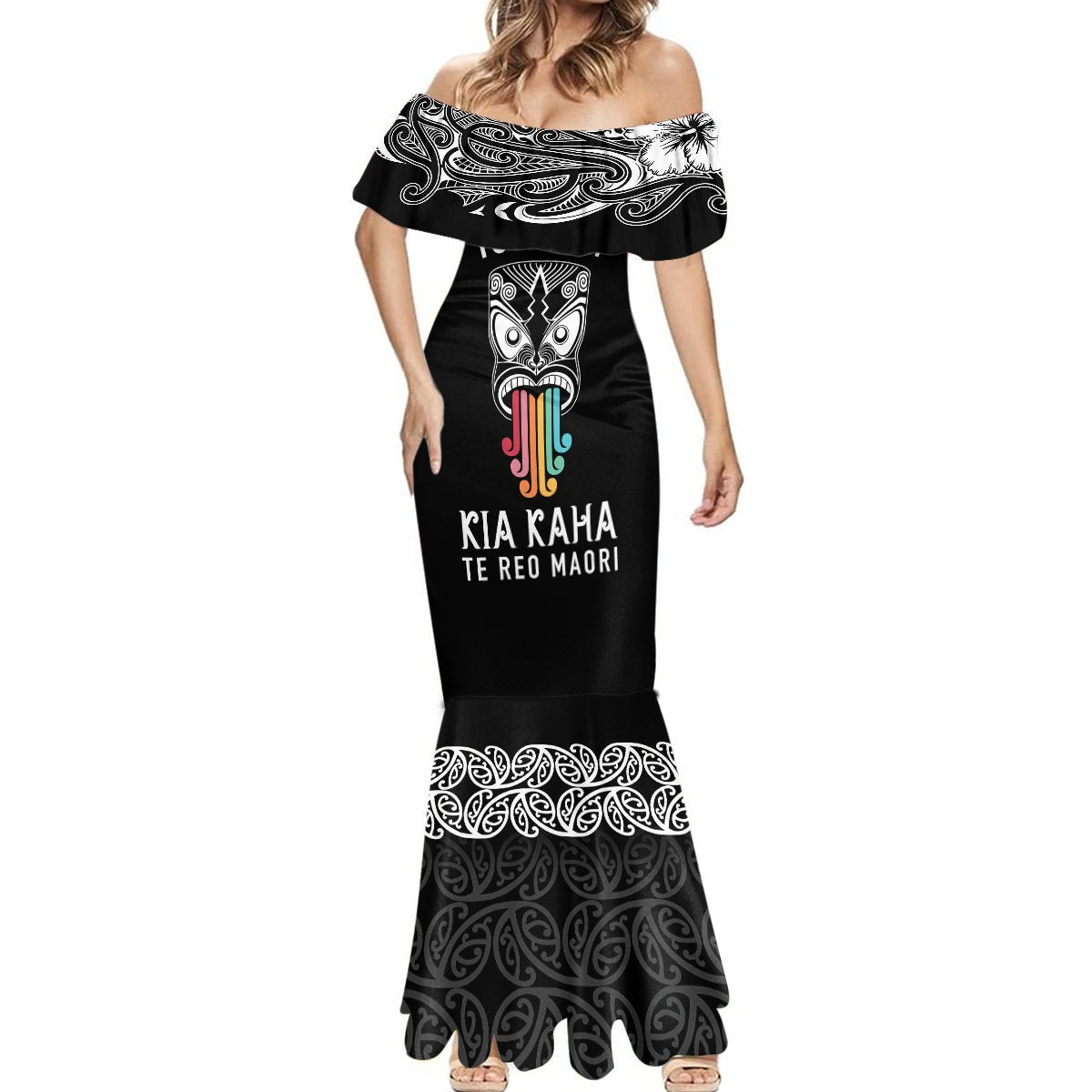 Personalised Kia Kaha Te Reo Maori Mermaid Dress Hei Tiki Mix Koru - Black LT7 - Polynesian Pride