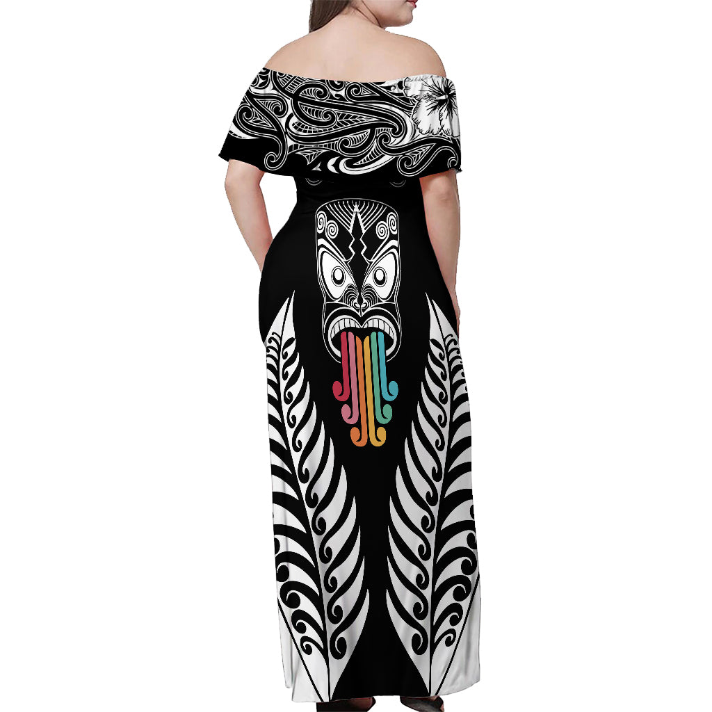 Personalised Kia Kaha Te Reo Maori Off Shoulder Maxi Dress Hei Tiki Mix Koru - Black LT7 - Polynesian Pride