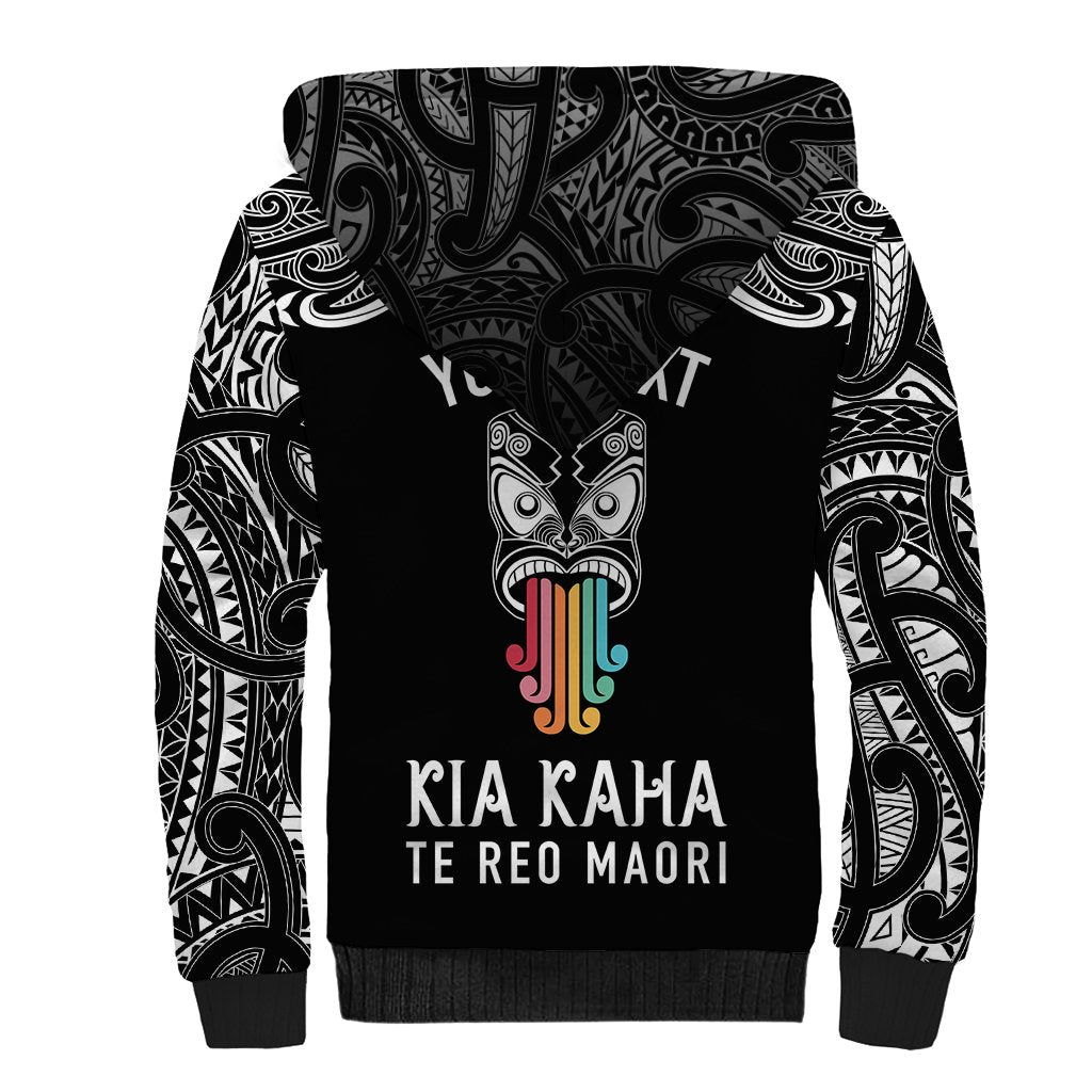 Personalised Kia Kaha Te Reo Maori Sherpa Hoodie Hei Tiki Mix Koru - Black LT7 - Polynesian Pride