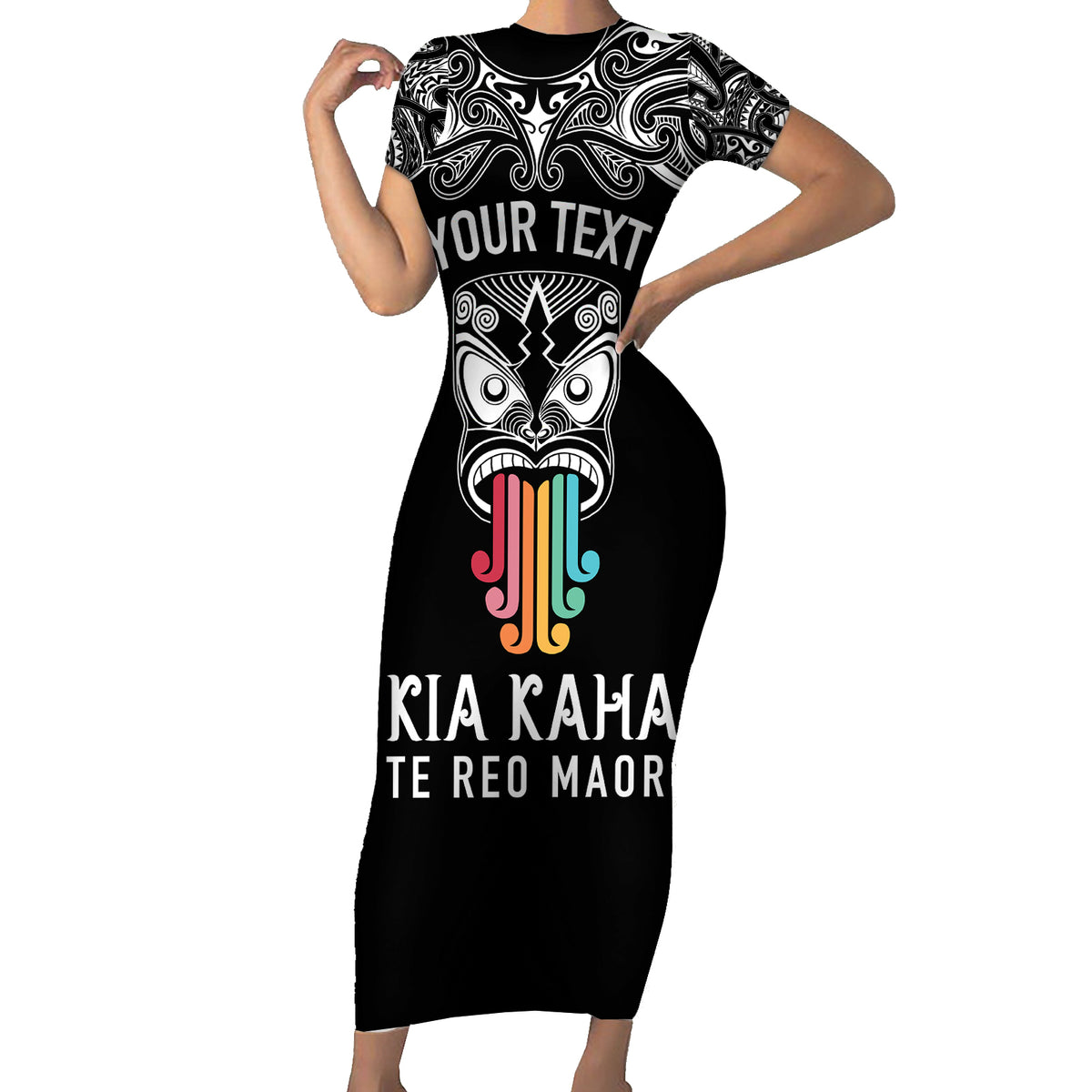 Personalised Kia Kaha Te Reo Maori Short Sleeve Bodycon Dress Hei Tiki Mix Koru - Black LT7 Long Dress Black - Polynesian Pride
